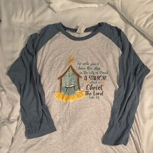 Christmas tshirt Inspirational Blue and gray with quarter length Sleeves Tee